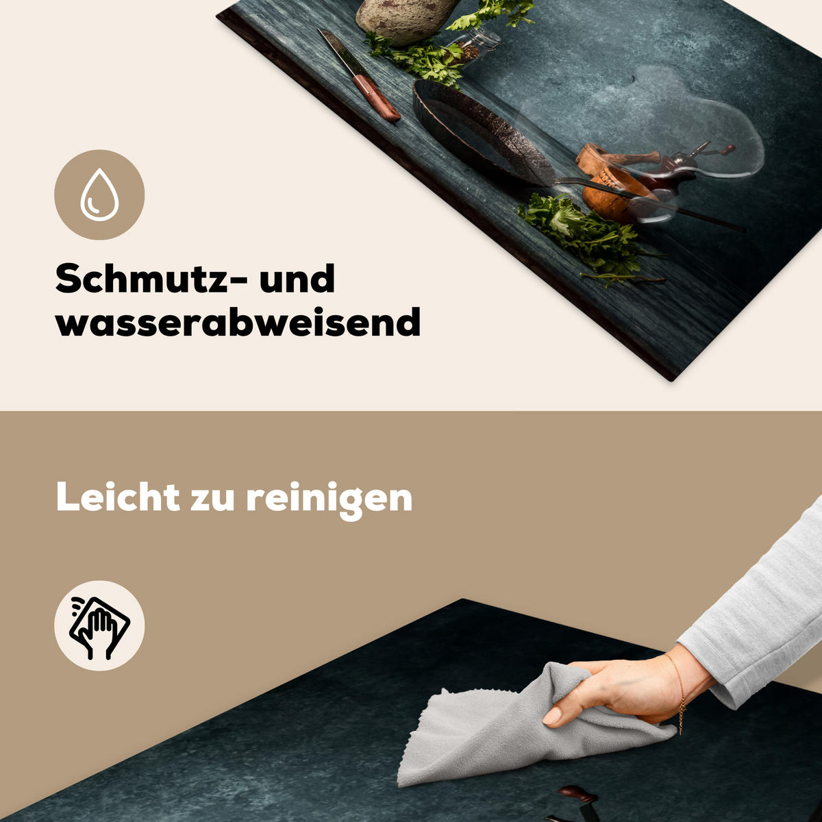 HERDABDECKPLATTE Kräuter - Gewürze - Pfanne - Messer - Grau - Rustikal 89x51 cm - Petrol, Kunststoff (89.6/0.2/51.6cm) - MuchoWow
