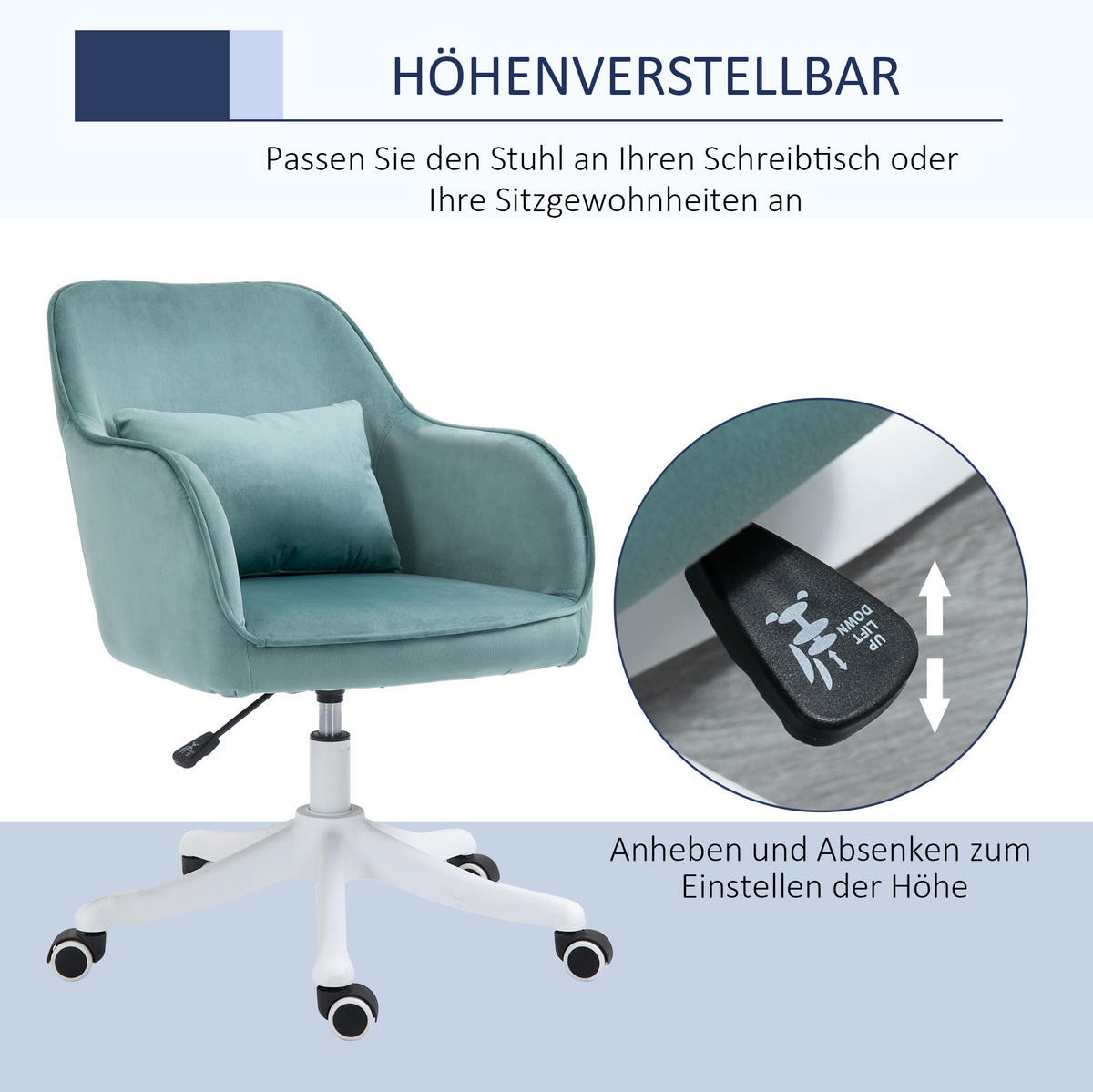 DREHSTUHL, ergonomisch gepolstert mit Samtoptik, Lendenkissen mit Massage, 57/70/78-86 cm, Grün - Grün, Kunststoff (70/86/57cm) - Redom