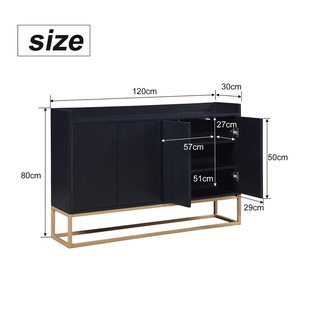 SIDEBOARDS 120cm, mit 4 Türen, verstellbaren Regalen, goldfarbenem Metallrahmen, Schwarz - Schwarz, Holzwerkstoff (120/30/80cm) - Waldena