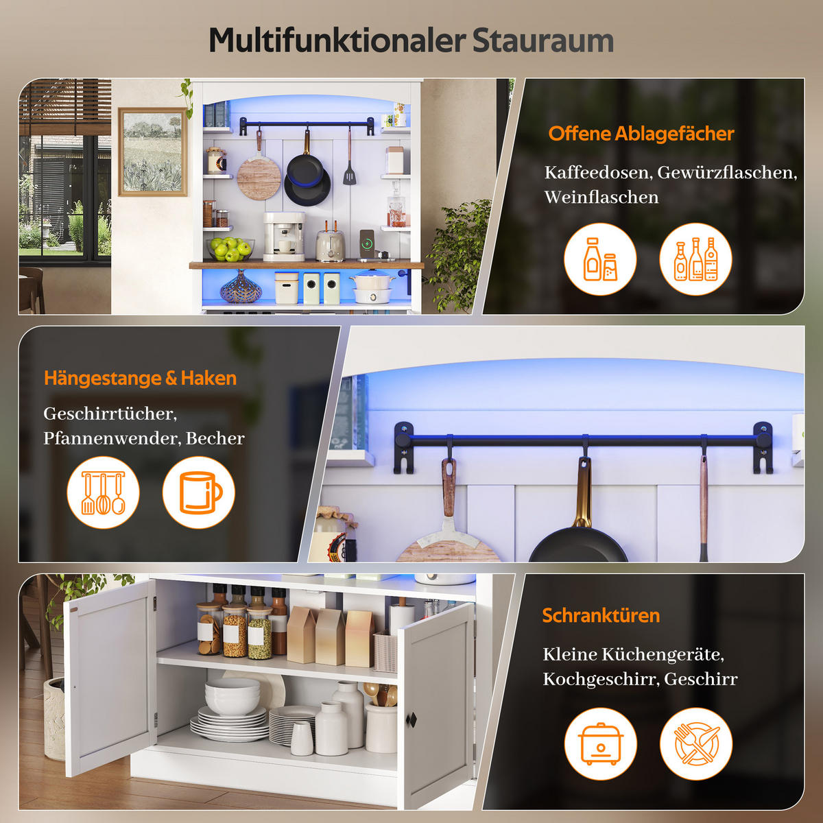 BUFFETSCHRANK Weiß 183cm mit LED-Beleuchtung, Steckdose & Kaffeebar - Weiß, Holzwerkstoff (106/183/43cm) - Urban Meuble