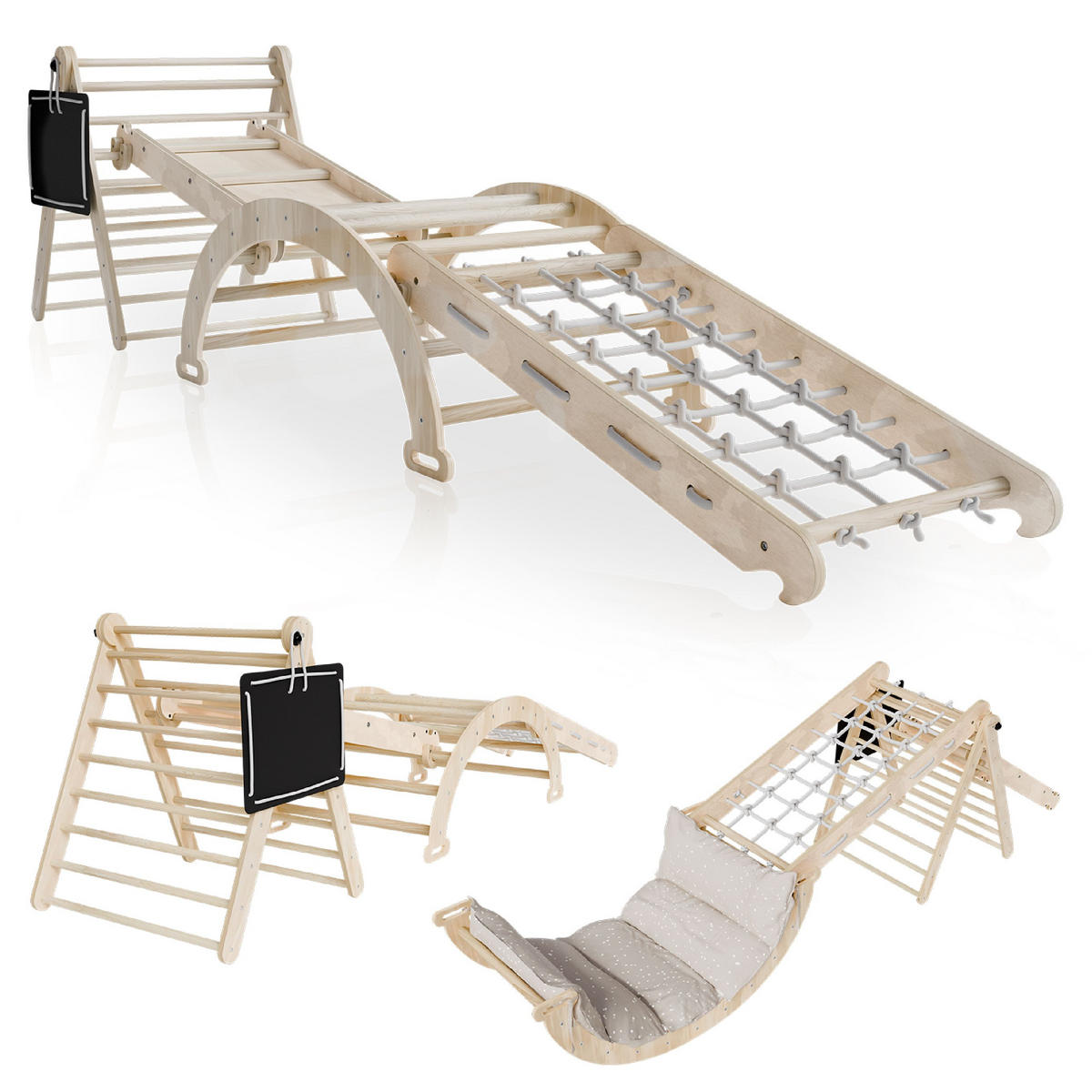 KLETTERDREIECK Movario mit Kissen 80x50cm - Groß - Naturfarben, Holz (56/101/54cm) - Juskys