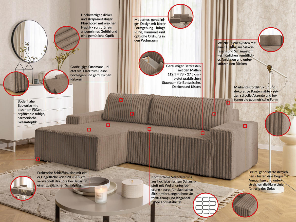 ECKSOFA Rivio mit Schlaffunktion und Bettkasten, Plüschcord Braun - Schwarz/Braun, Holz/Kunststoff (149/262cm) - S-Style