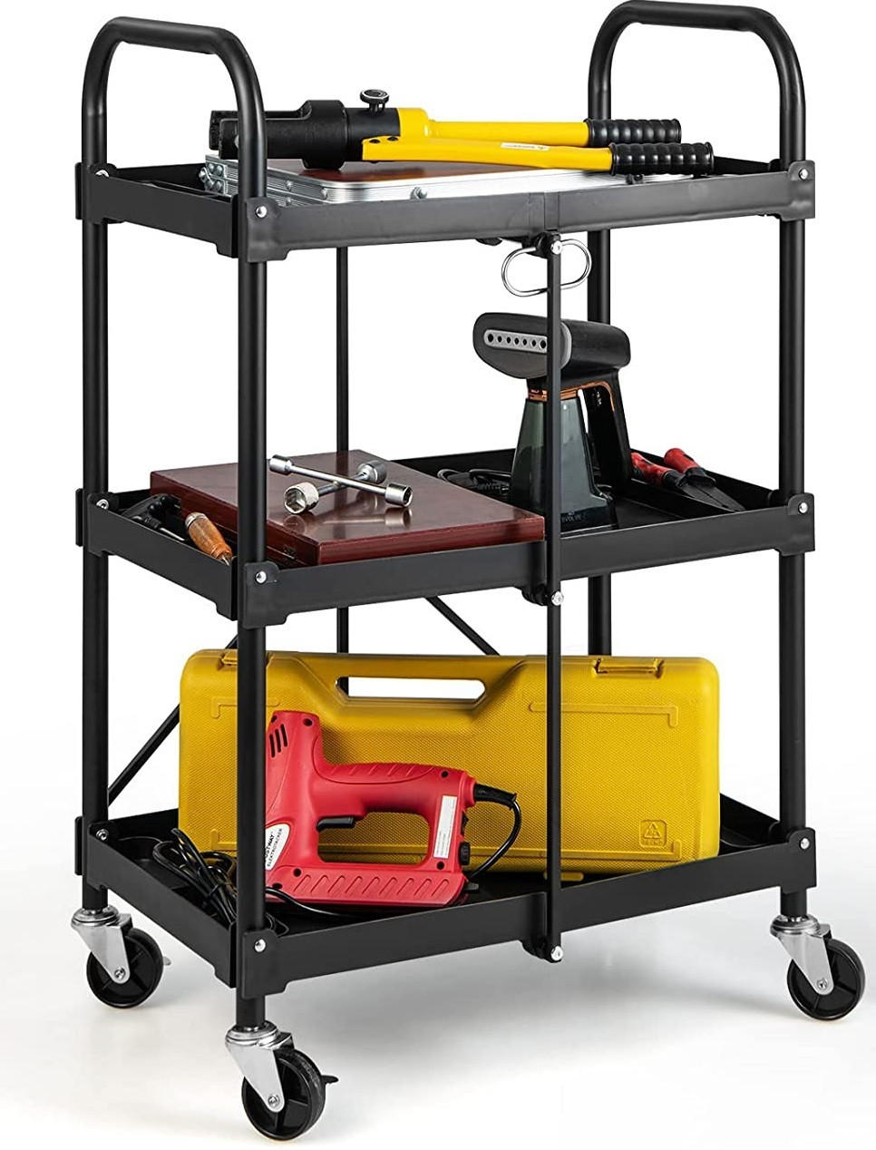 WERKZEUGWAGEN 3 Etagen Klappbar Schwarz - Schwarz, Metall (44/96/61cm) - COSTWAY