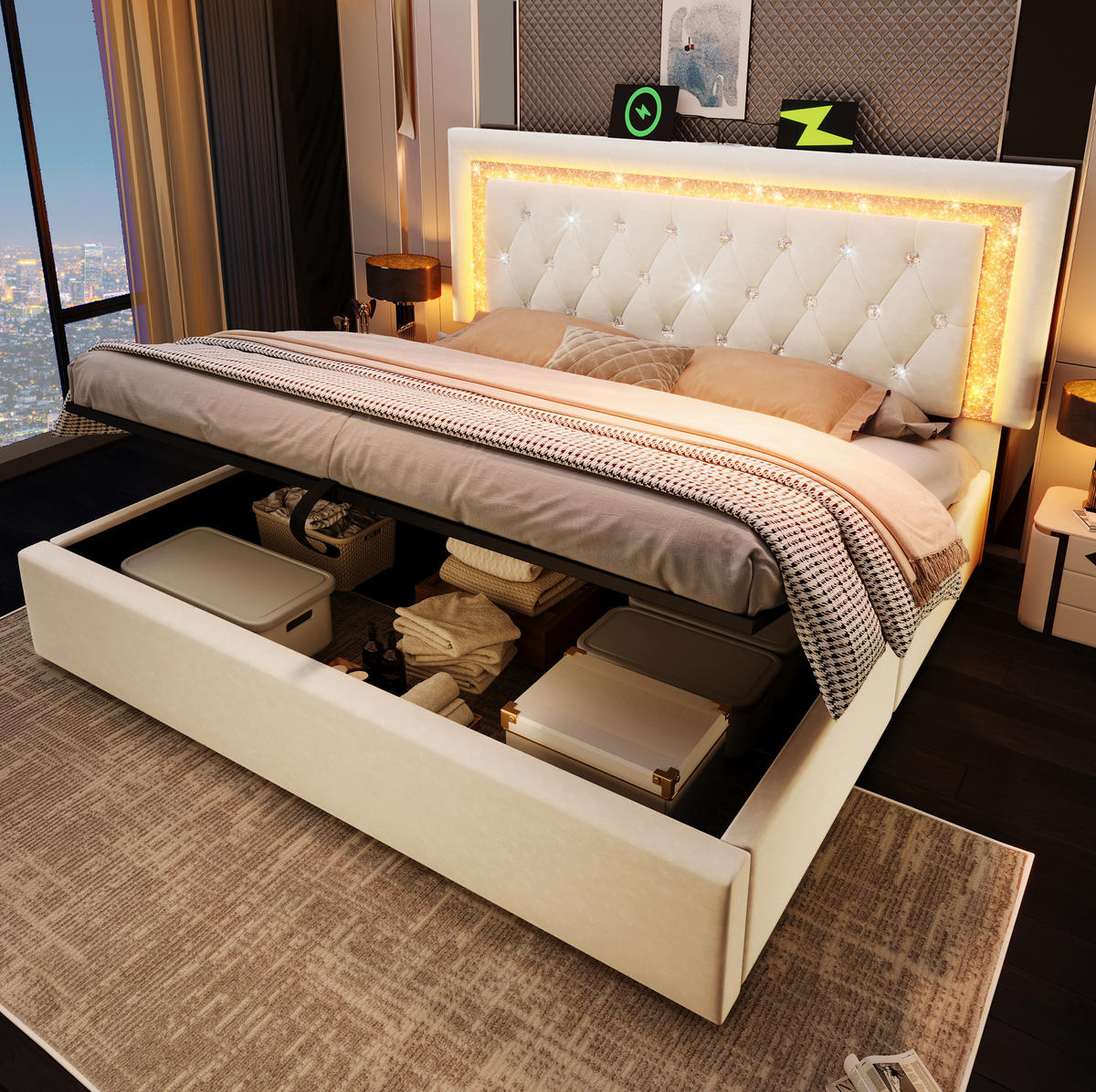 POLSTERBETT 140/200 cm aus Samt mit LED-Kopfteil USB- und Typ-C-Ladestation Stauraum Beige - Beige, Textil (140/200cm) - Modenvie