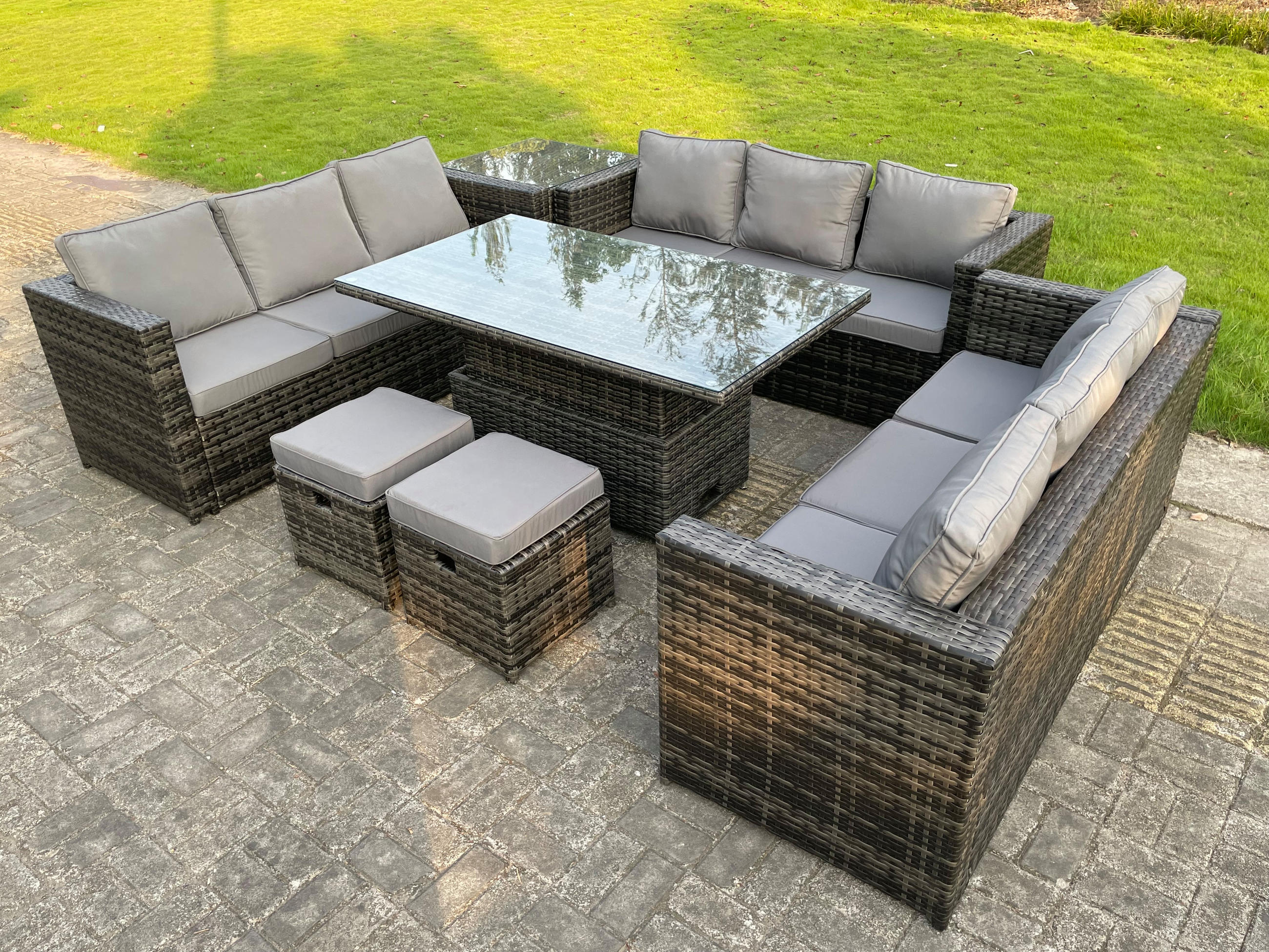 GARTENMÖBEL SET mit Beistelltisch Polyrattan 11-Sitzer - Dunkelgrau/Grau, Glas/Kunststoff - Fimous
