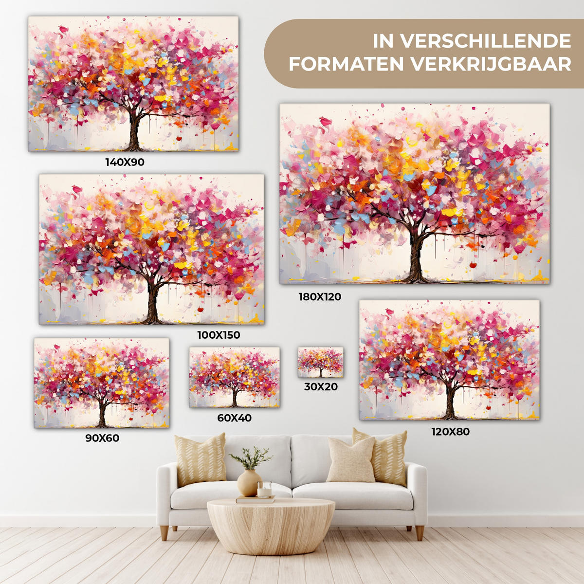 LEINWANDBILD Aquarell - Baum - Kunst - Abstrakt Wohnzimmer Groß 120x80 cm - Multicolor, Textil (120/80cm) - MuchoWow