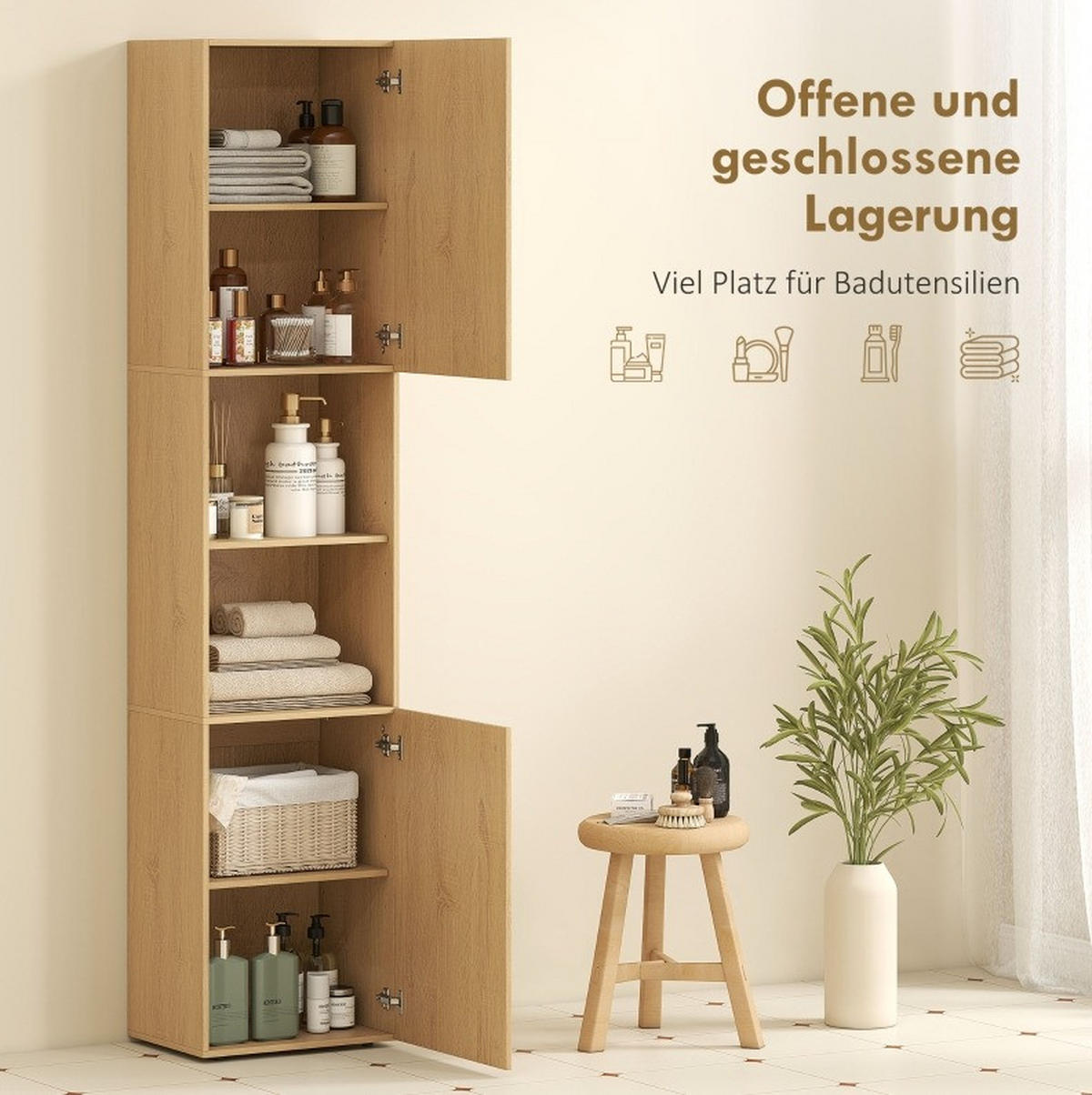 BADEZIMMER Hochschrank 40x31x182 cm Eiche mit 2 Fächern & verstellbaren Regalen - Eichefarben, Holzwerkstoff (40/182/31cm) - Modfu