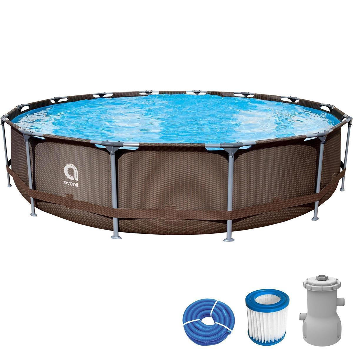 POOL Komplettset Framepool rund 457 x 84 cm rattan-braun mit Filterpumpe - Braun, Kunststoff (457/84/457cm) - Avenli