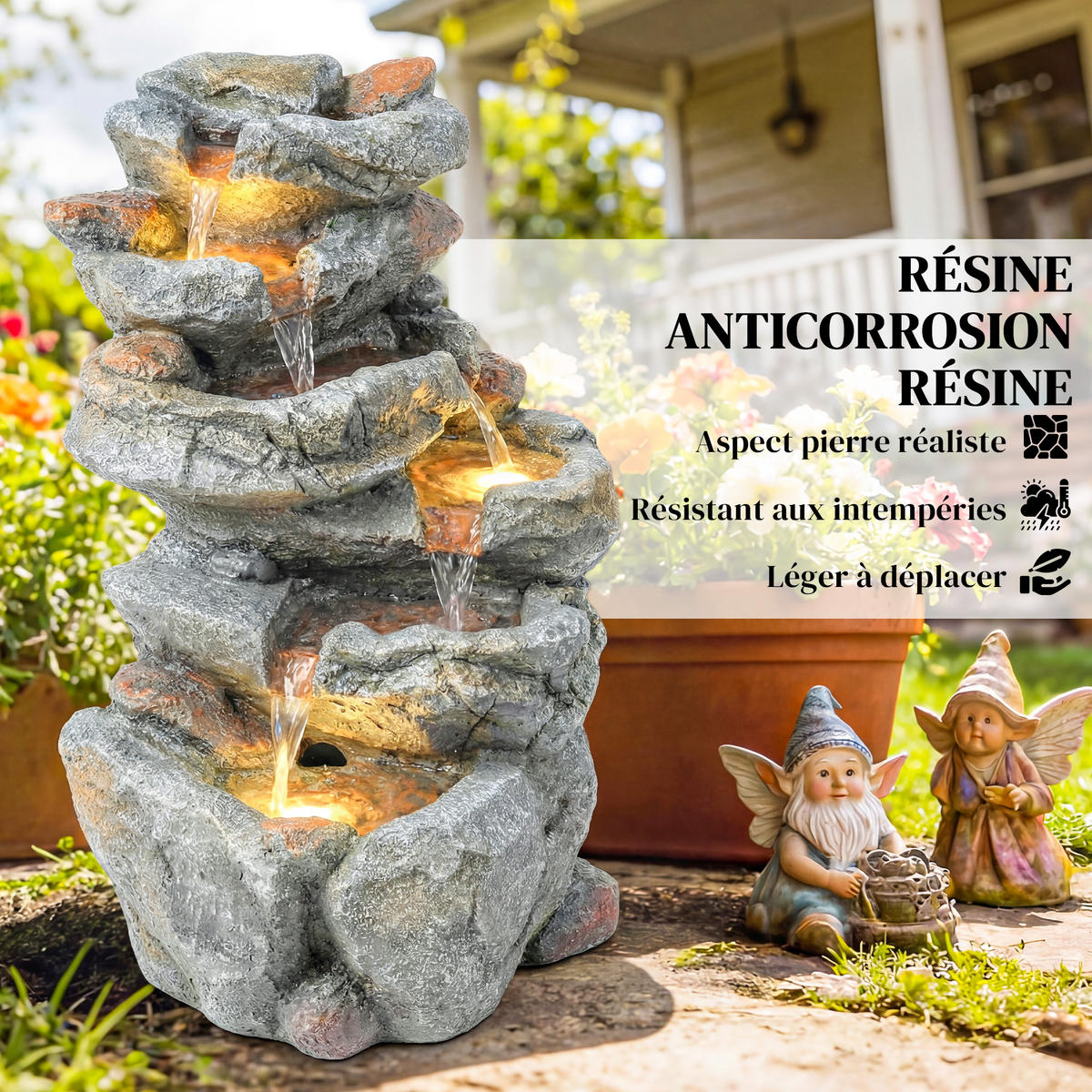 GARTENBRUNNEN DE-18870 6-stufige Kaskade mit LED Grau - Grau, Kunststoff (33/27/53cm) - ComfortXL