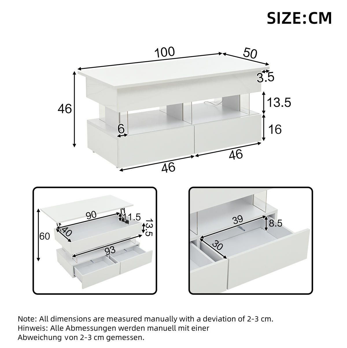 KLUB stolić 100/50/46 cm bijeli od MDF-a i akrila s podiznom pločom i LED osvjetljenjem - bijela, drvni materijal (120/50/46cm) - OKWISH