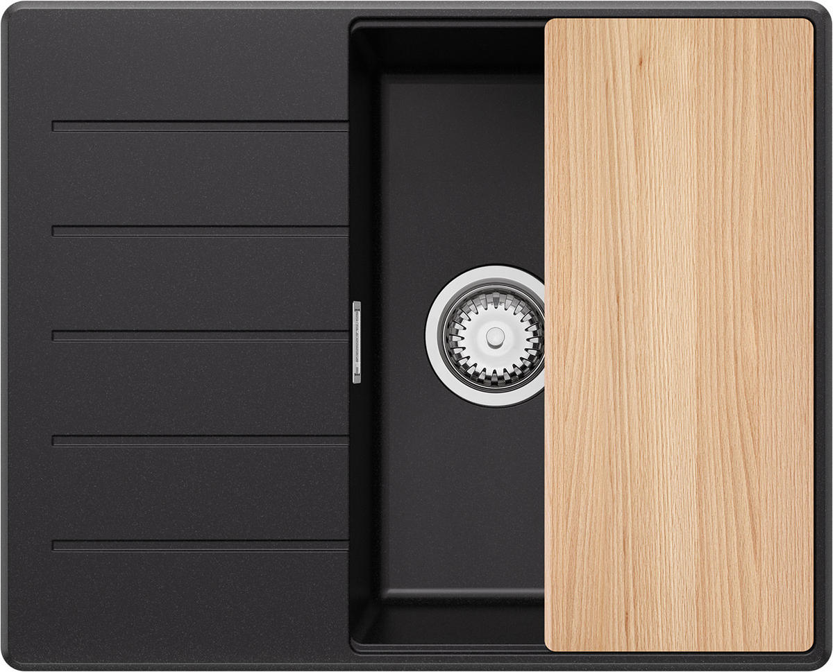 SPÜLBECKEN Kopenhagen, 2-er set Schwarz 62/50 cm 1 Becken + Ablauf-Set + Schneidebrett ab 45er Unterschrank - Chromfarben/Beige, Kunststoff (62/20/50cm) - Primagran