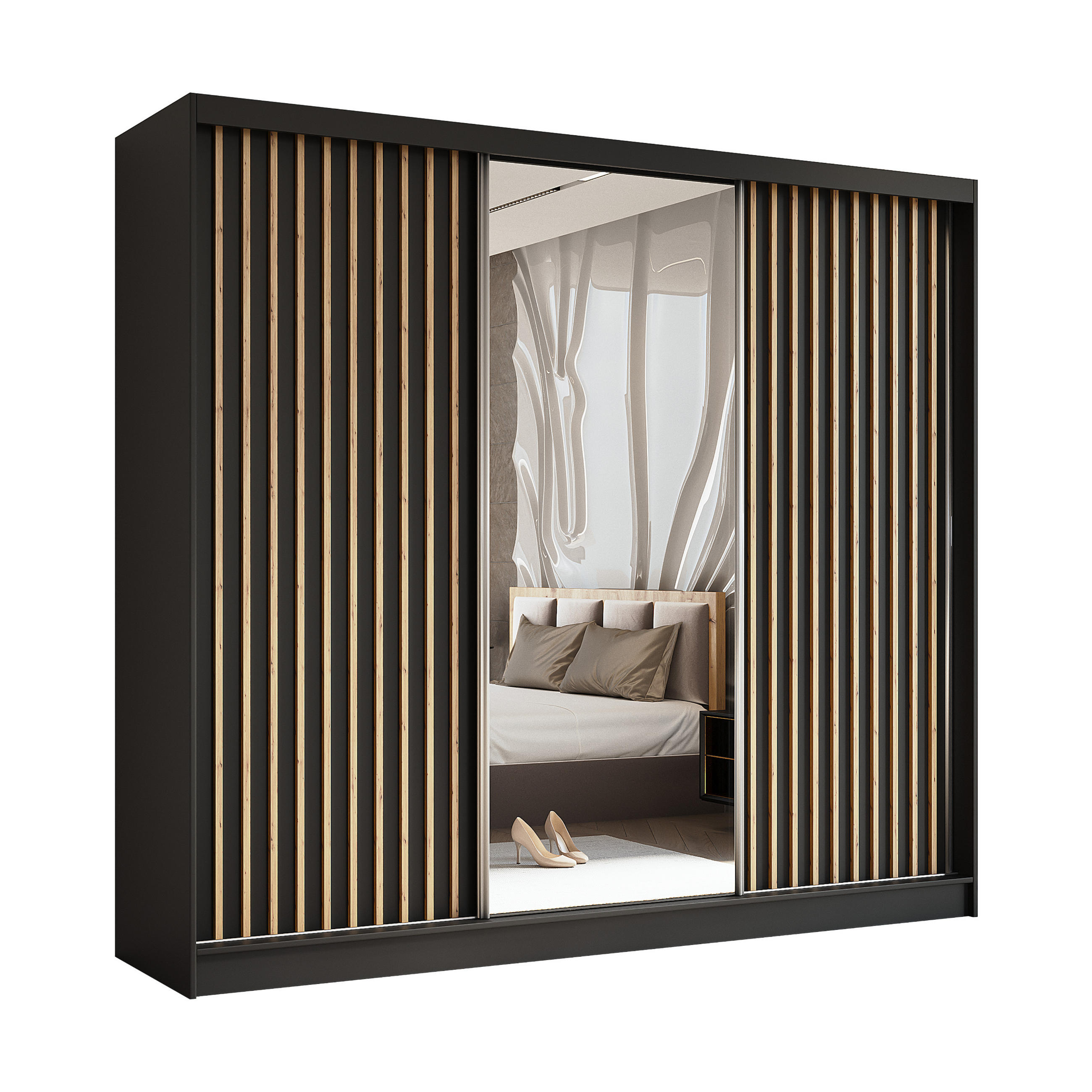 SCHWEBETÜRENSCHRANK Erika 240 cm mit Lamellen und Spiegel 3-türig, schwarz, schwarz, Lamelle Artisan - Schwarz/Eiche Artisan, Kunststoff (240/216/51cm) - Margaret Hadas24