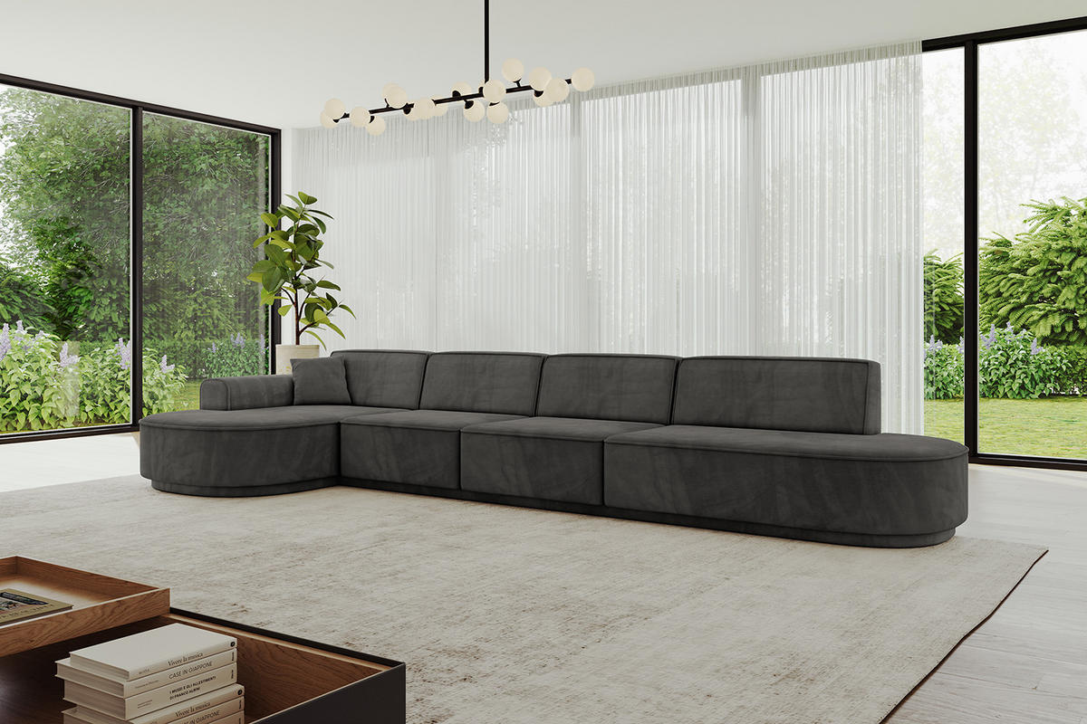 ECKSOFA Ottomane Links MARI-L3-v3 - 413x171x83 cm Dunkelgrau Velours - Dunkelgrau/Schwarz, Holzwerkstoff/Kunststoff (413/171cm) - ALTDECOR
