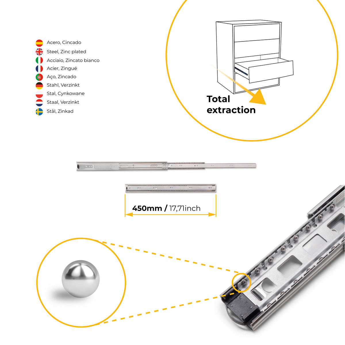 KUGELFÜHRUNGEN Höhe 45mm, Tiefe 450mm, Vollauszug, verzinkt 5er-set - Zinkfarben, Metall (1.3/5/45cm) - EMUCA