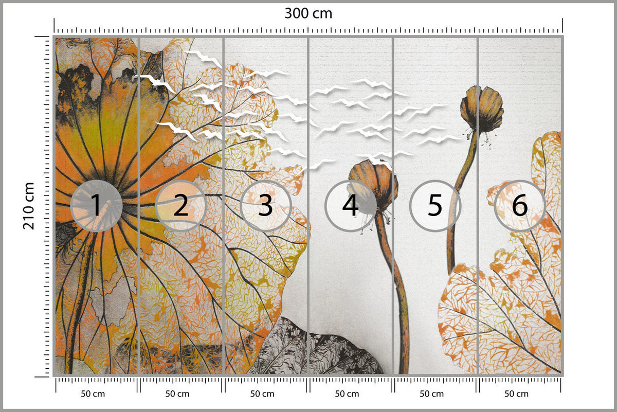 FOTOTAPETE für Esszimmer Große Abstrakte Orange Blumen Blätter 300x210 - Gelb/Orange, Papier (300/210cm) - Muralo