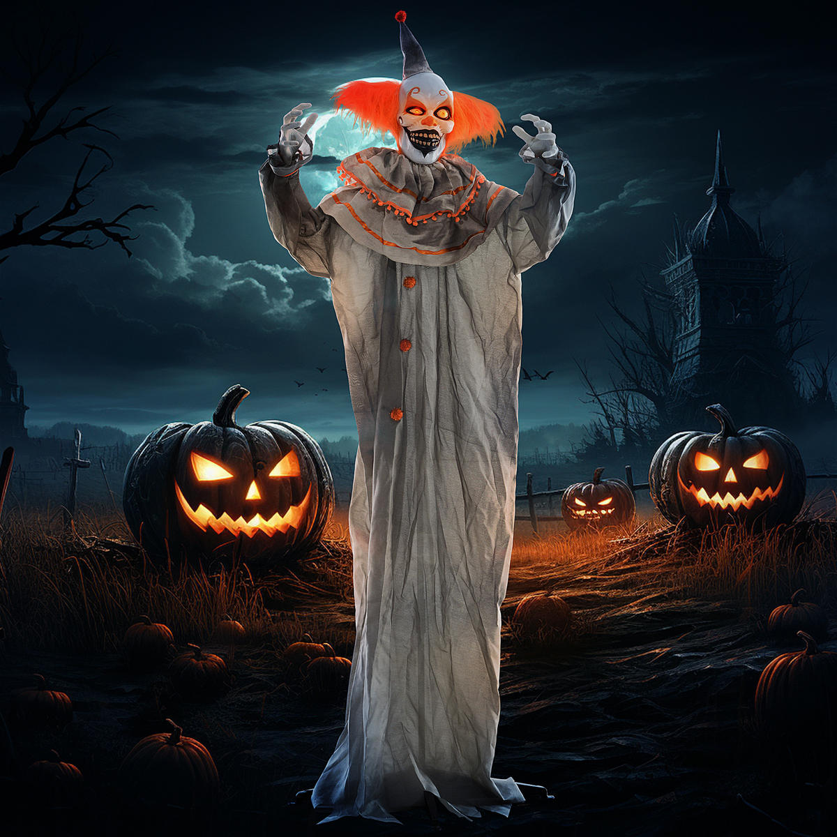 183CM Halloween Dekoration Stehender Clown mit LED-Lichter, Soundfunktion - Orange, Kunststoff (18/183/65cm) - HOMCOM