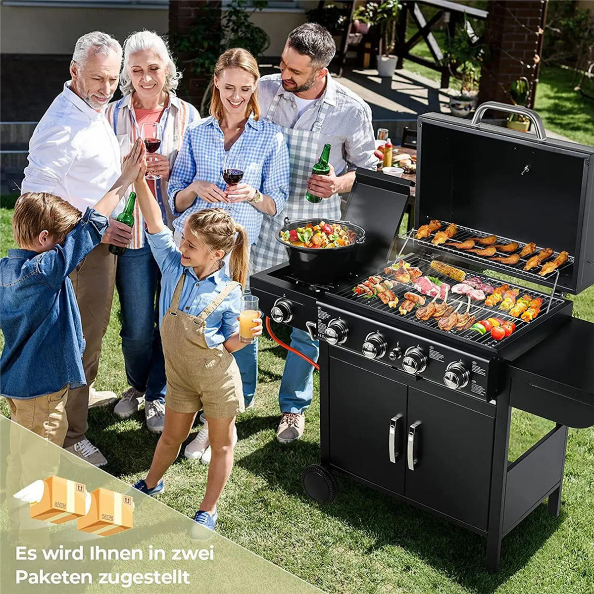 GASGRILL Grillwagen 4 Brenner mit Thermometer, Schwarz - Schwarz, Metall (133/76/42cm) - Kaket
