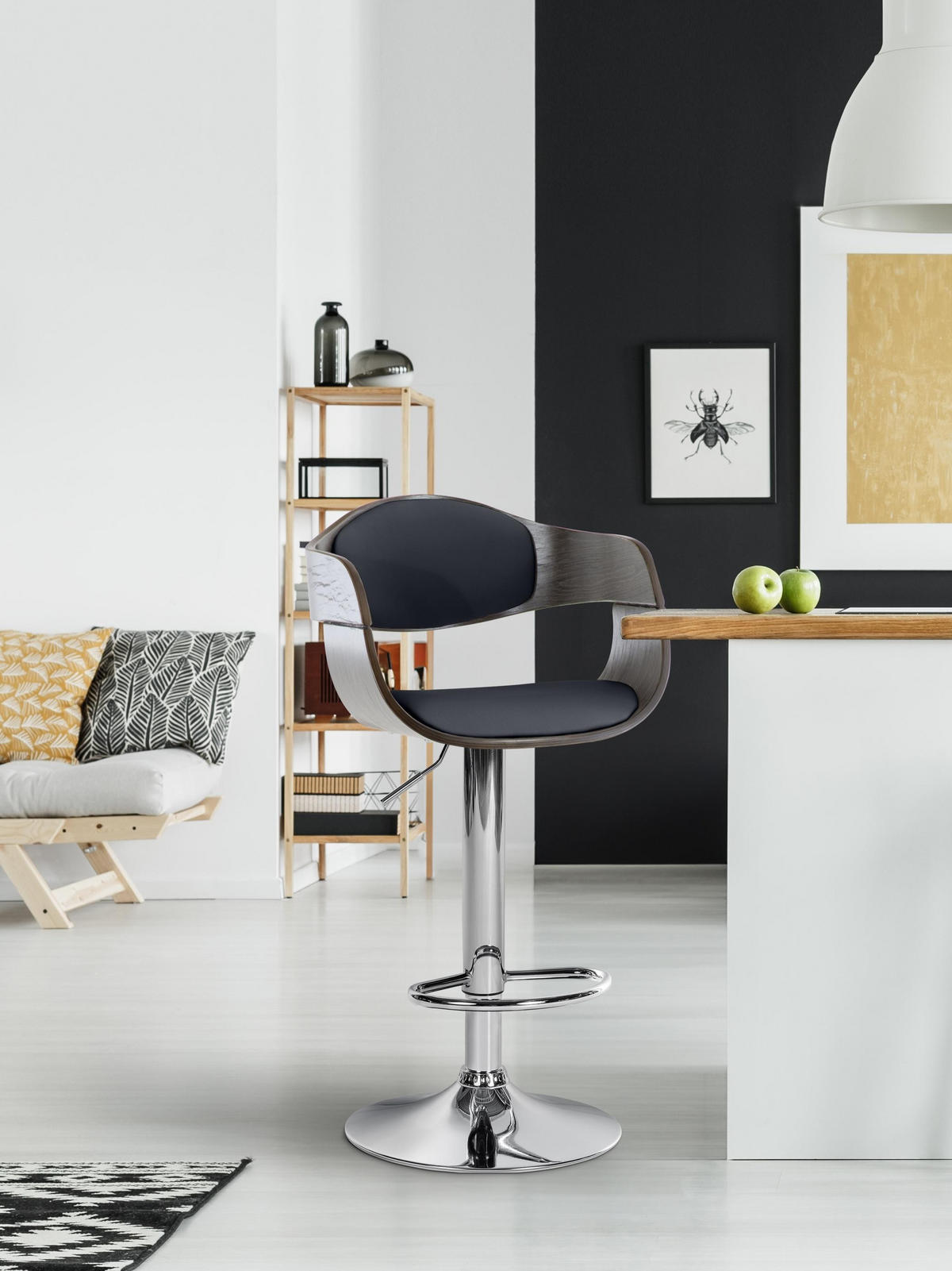 BARHOCKER Kingston 88-102 cm schwarz/grau - Schwarz/Grau, Leder (50/88/48cm) - furnicato