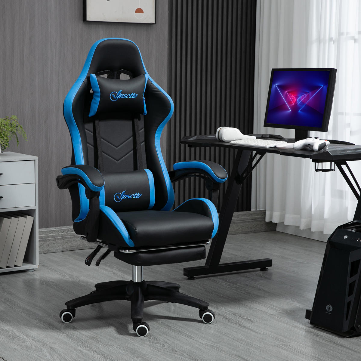 GAMING Stuhl, Kunstleder, Schwarz+Blau - Multicolor, Leder (65/129/65cm) - Vinsetto