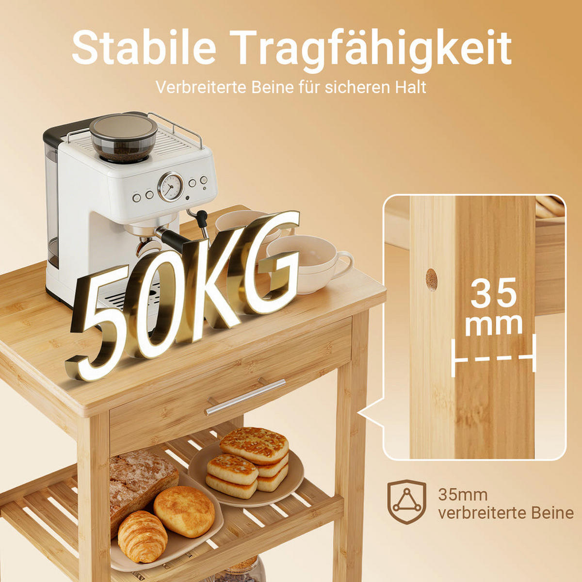 KÜCHENWAGEN mit Schublade und Rollen 58x40x86 cm FKW135-N - Naturfarben, Holz (58/86/40cm) - SoBuy