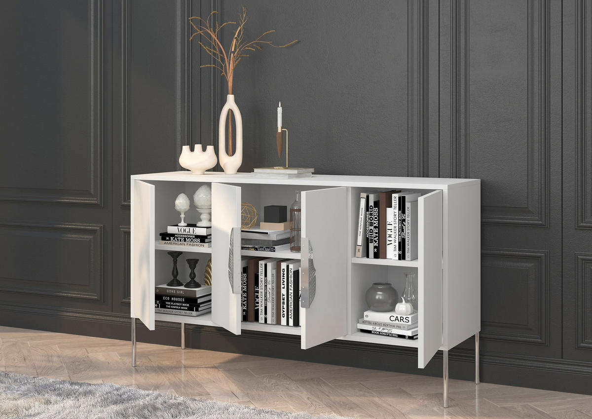 SIDEBOARD Merlin, Weiß, Silberne Details - Silberfarben/Weiß, Holzwerkstoff/Metall (138/79/40cm) - Skandica