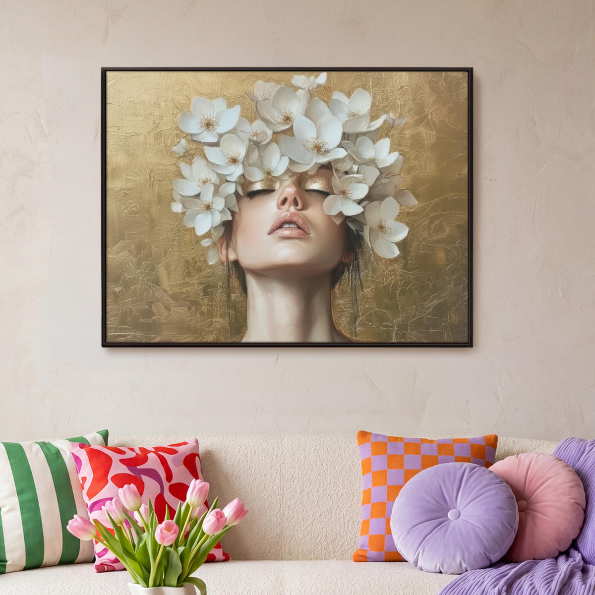 LEINWAND Bilder mit Rahmen - Gesicht - Blumen - Gold - Abstrakt - 100x70 - Goldfarben, Textil (100/70cm) - MuchoWow