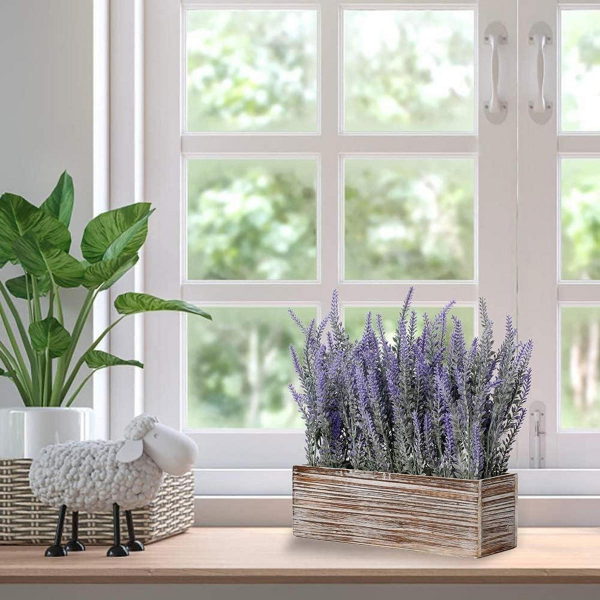 KUNSTPFLANZE Lavendel im Holztopf Landhaus-Stil - Flieder, Holz (20cm)