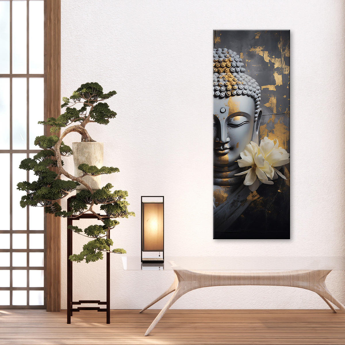 WANDBILD buddha gesicht abstrakt - Grau, Textil (30/90cm) - Feeby