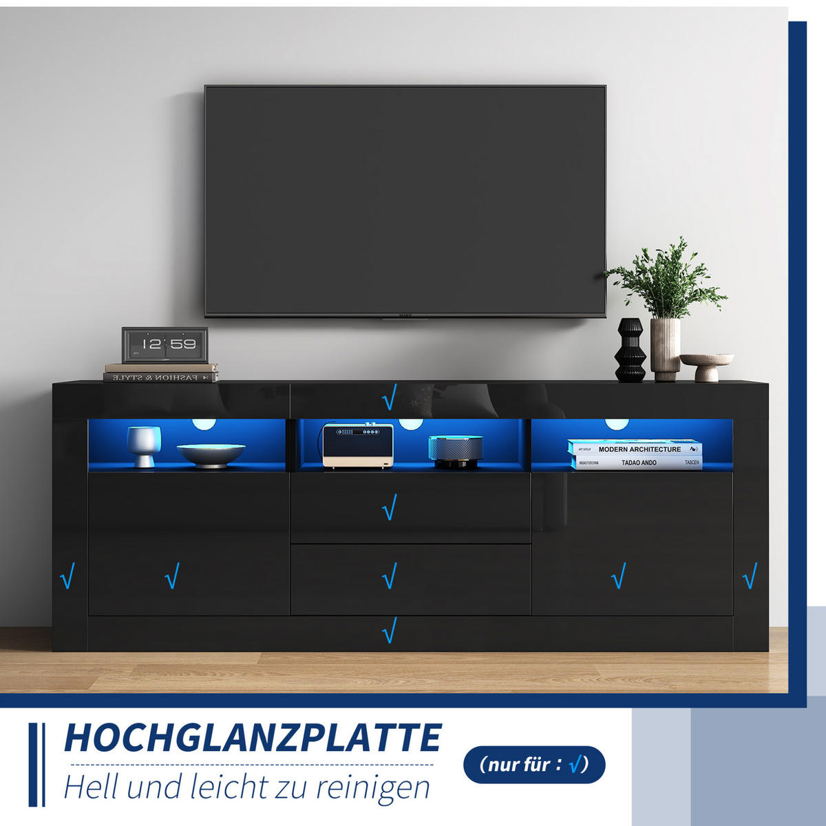 LOWBOARD 160/35/60 cm aus Spanplatte mit LED-Beleuchtung Schwarz - Schwarz, Holzwerkstoff (160/60/35cm) - Modenvie