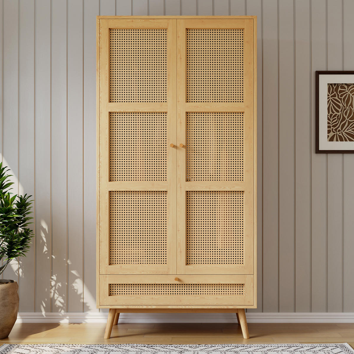 KLEIDERSCHRANK mit Kleiderstange & Rattan-Optik, 90/45/183 cm, Natur - Naturfarben, Holz (90/183/45cm) - Redom