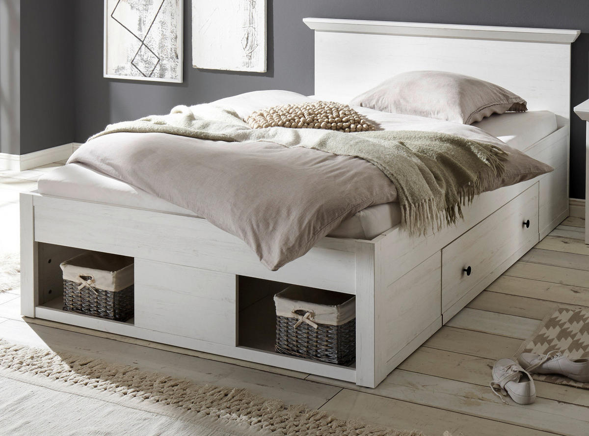 BETT Pinie weiß Liegefläche 140 x 200 cm, Stauraumbett mit Bettschubkasten - Schwarz/Weiß, Holzwerkstoff/Kunststoff (140/200cm) - Furn.Design