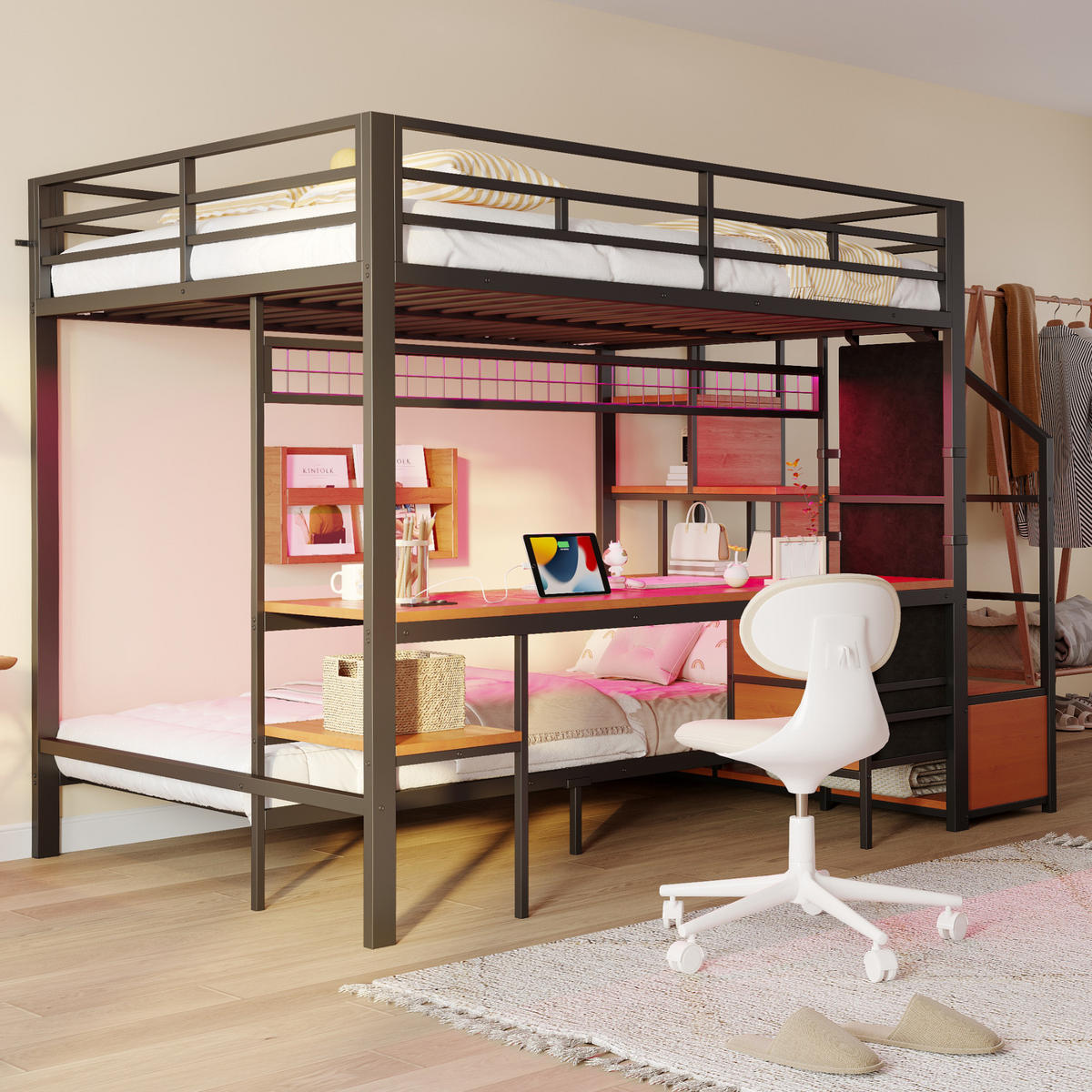 HOCHBETT 140/200 cm schwarz aus Metall und Holz mit Schreibtisch LED und Steckdosen - Schwarz, Metall (140/200cm) - OKWISH