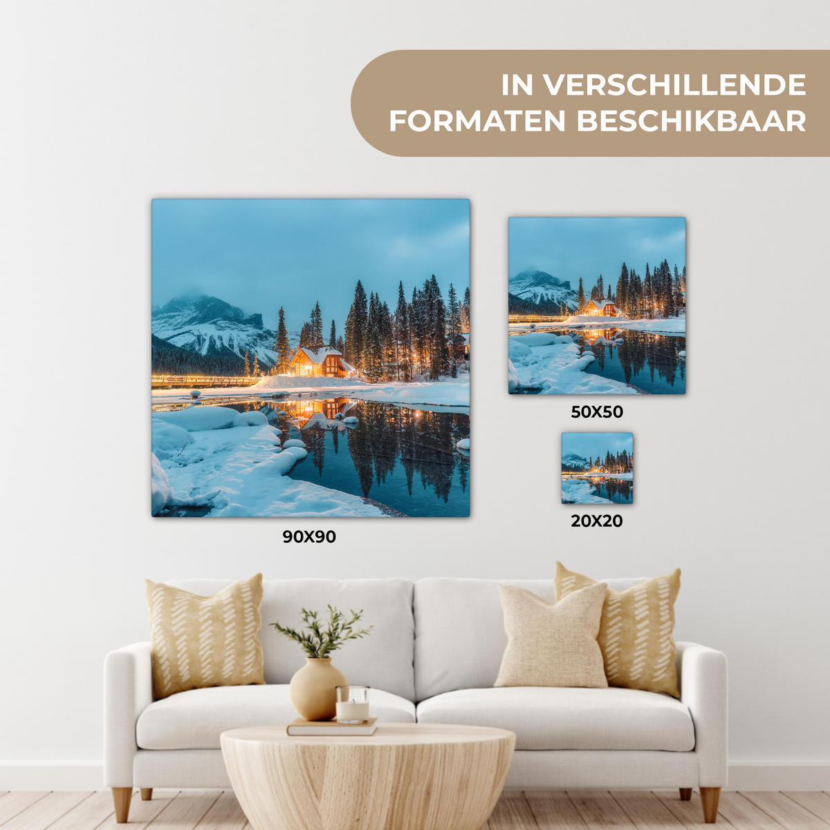 LEINWANDBILD Winterlandschaft - Natur - Haus - Berge - Schnee Deko Wohnzimmer 20x20 cm - Hellblau, Textil (20/20cm) - MuchoWow