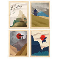 POSTER Set mit 4 Japanische Harmonie Ästhetische A4 Rahmen aus hellem Holz - Beige, Papier (29.7/3cm) - Nacnic