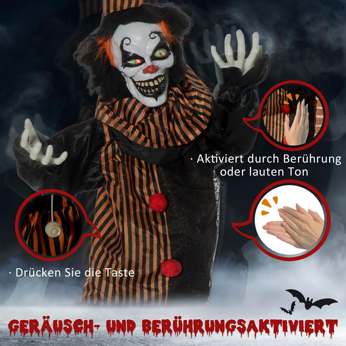 HALLOWEEN HORROR-CLOWN, Mehrfarbig, Polyester, PVC, Kunststoff, PE-Schaumstoff - Multicolor, Kunststoff (20/170/120cm) - Outsunny