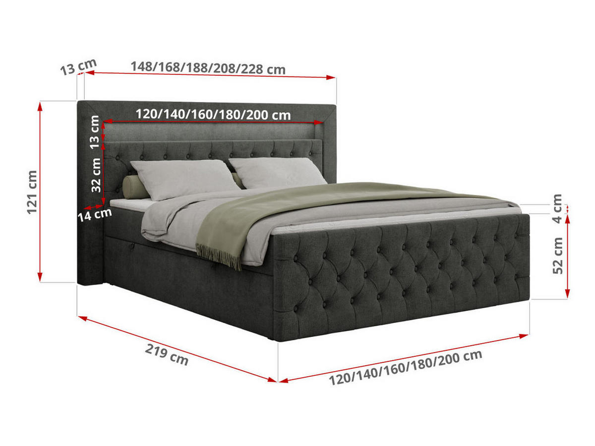 BOXBETT GOLD-9 LED 140/200 Dunkelgrau Struktur - H4 - Dunkelgrau, Holz/Textil (140/200cm) - MKS