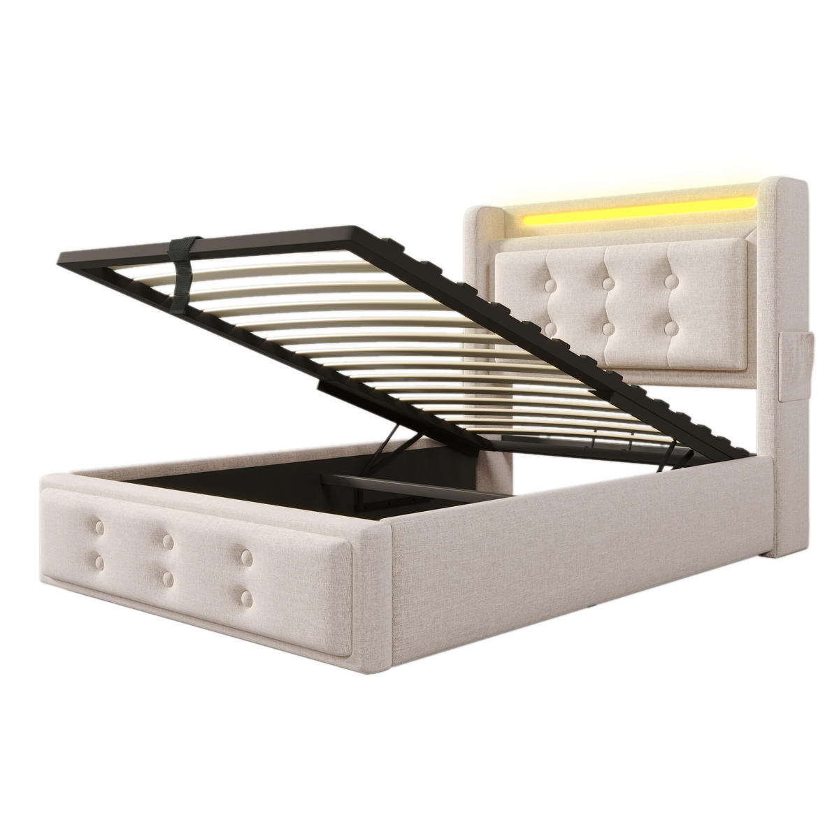 POLSTERBETT aus Baumwoll-Leinen 90x200 cm in Beige mit LED & USB-C - Beige, Textil (90/200cm) - Modfu