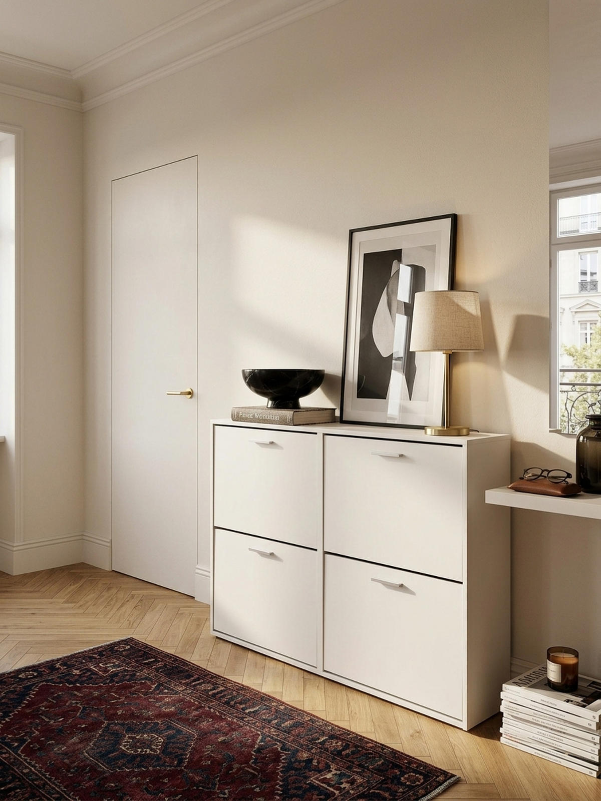 SCHUHSCHRANK Holz mit 4 Klappen und großer Ablage, Weiß 120x24x81 cm - Weiß, Holz/Metall (120/81/24cm) - KADIMA DESIGN