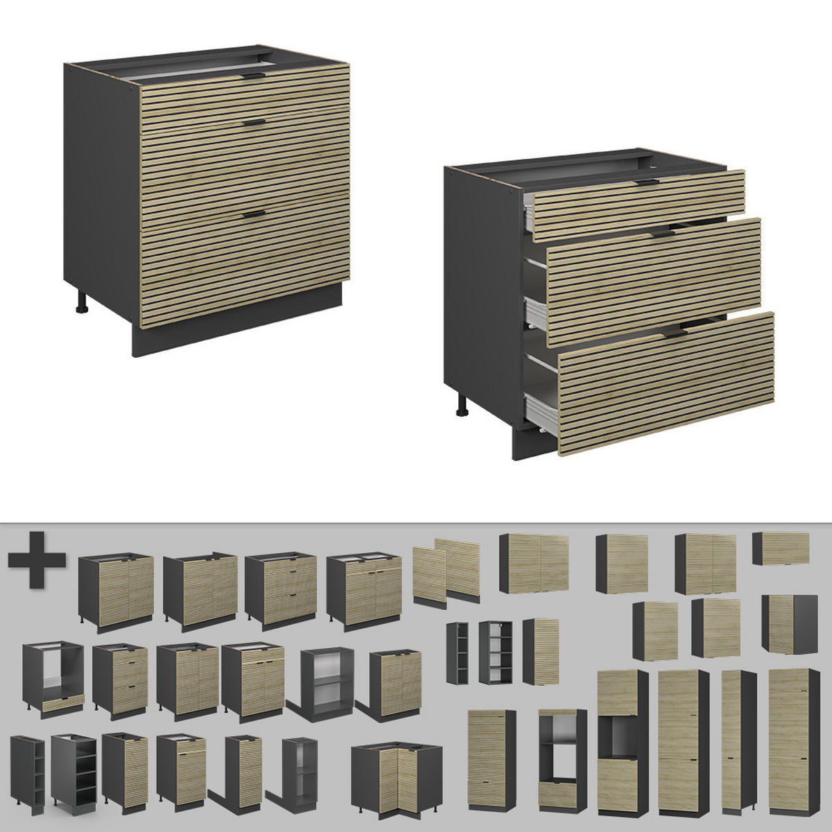 KÜCHENUNTERSCHRANK Fame-Line Eiche Paneel 80 cm mit 3 Schubladen, AP Eiche - Hellbraun/Eichefarben, Holzwerkstoff (80/82/60cm) - Vicco