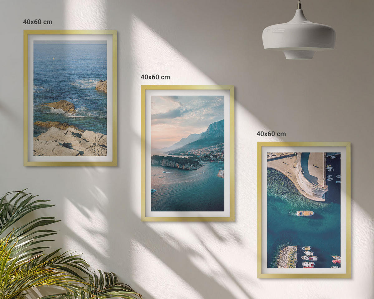 BILDER SET 3er Set - 40x60 cm Goldrahmen - Meerblick, Klippen, Häfen - Goldfarben, Kunststoff (40/60cm) - TULUP