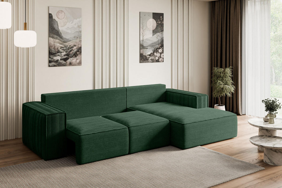 ECKSOFA mit Schlaffunktion und Bettkasten SERRA-L-S - 266x161x87 cm Grün Cord - Schwarz/Grün, Holzwerkstoff/Kunststoff (266/161cm) - ALTDECOR
