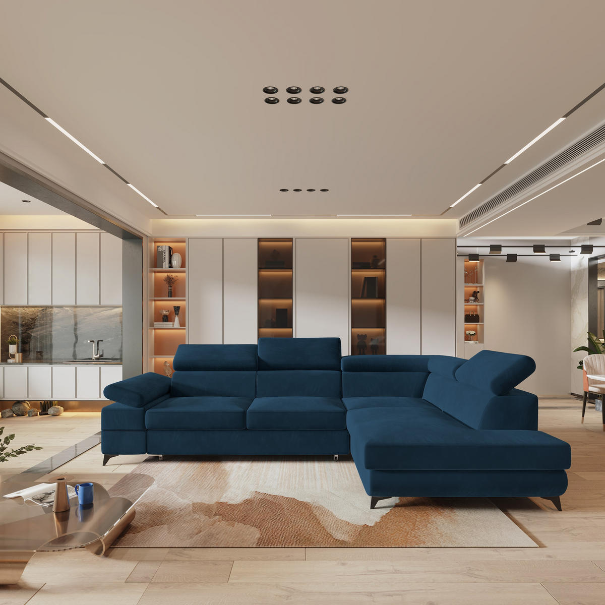 ECKSOFA FAVIEN R-S Blau Velours-Stoff mit Schlaffunktion - Blau, Holz (257/190cm) - MASSENO