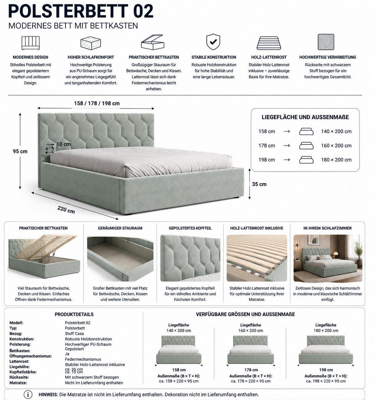 POLSTERBETT 02 180 x 200 cm – Casa – Bett mit Federmechanismus und Stauraum - Beige, Holz - ROYAL24_MARKT