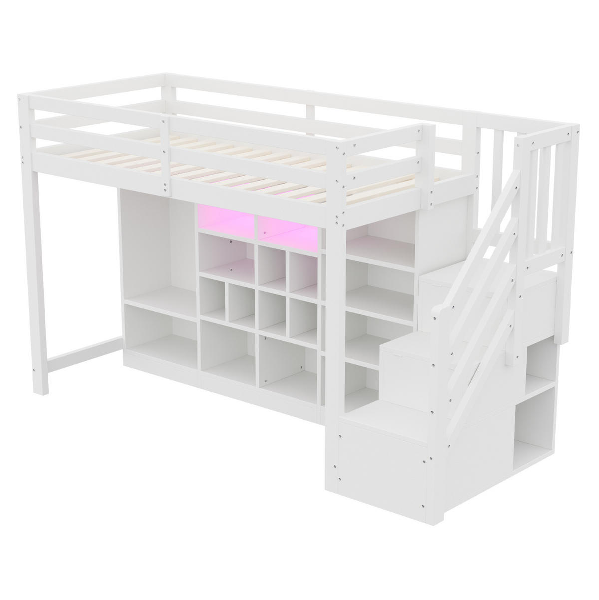 HOCHBETT 90/200 cm aus Holz mit Stauraum, Kleiderschrank und LED-Beleuchtung Weiß - Weiß, Holz (90/200cm) - Modenvie