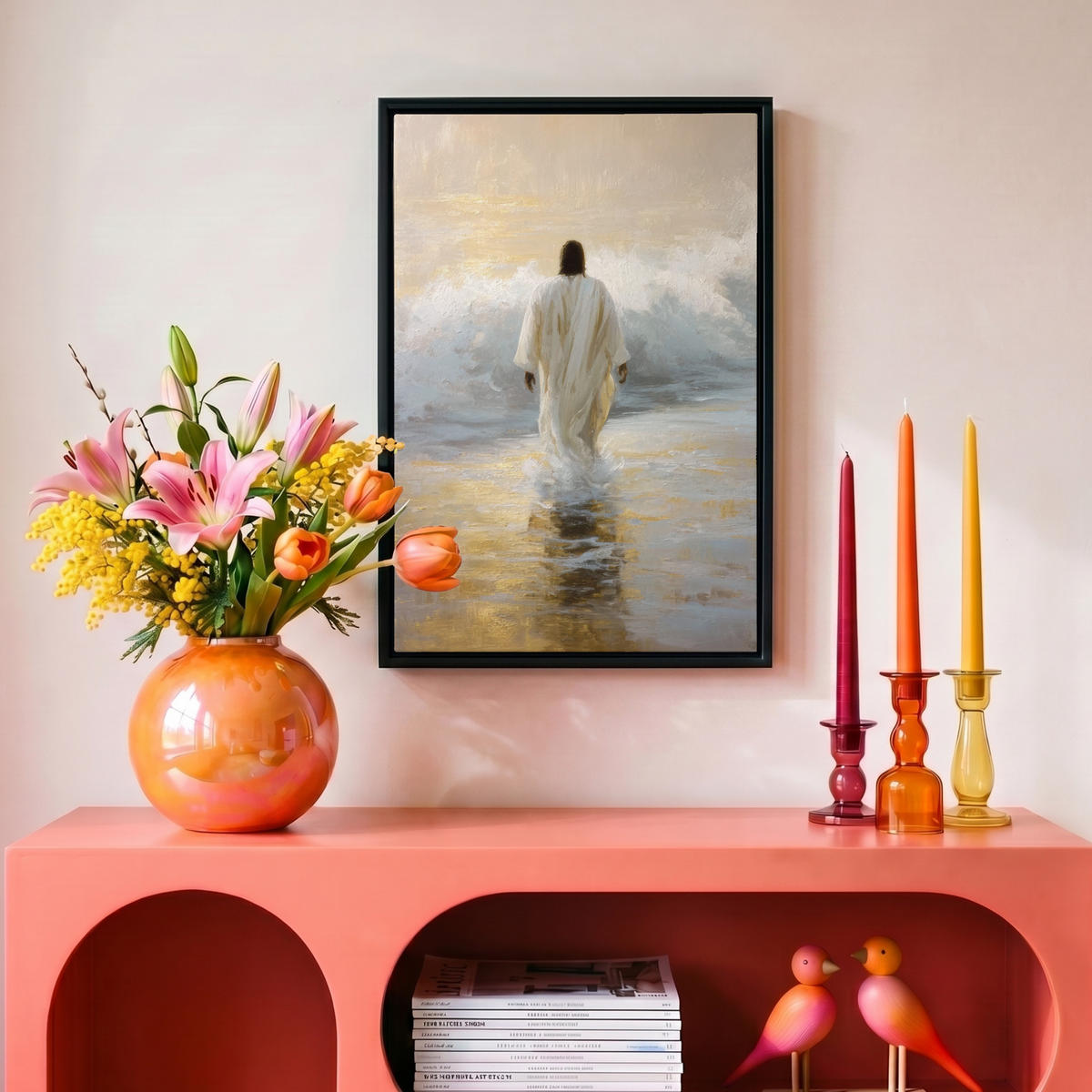 LEINWAND Bilder mit Rahmen - Gemälde - Welle - Jesus - Abstrakt - 20x30 - Goldfarben, Textil (20/30cm) - MuchoWow