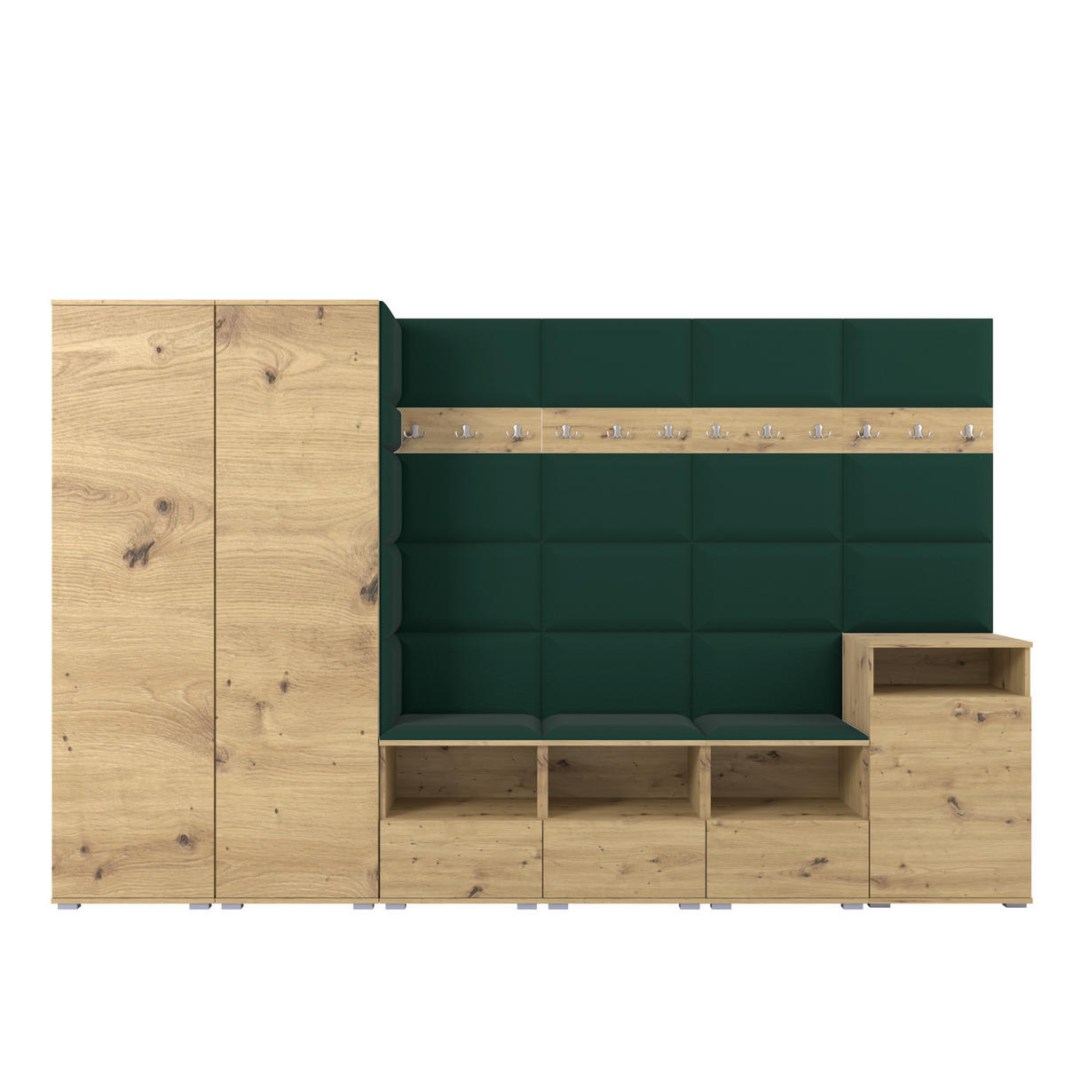 GARDEROBE NELA XII 300 cm (Modulare Flurmöbel Artisan Eiche mit Sitzpolster Flaschengrün 28 Gigantisches Set) - Dunkelgrün/Silberfarben, Holz/Holzwerkstoff (300/187/40cm) - Ravio