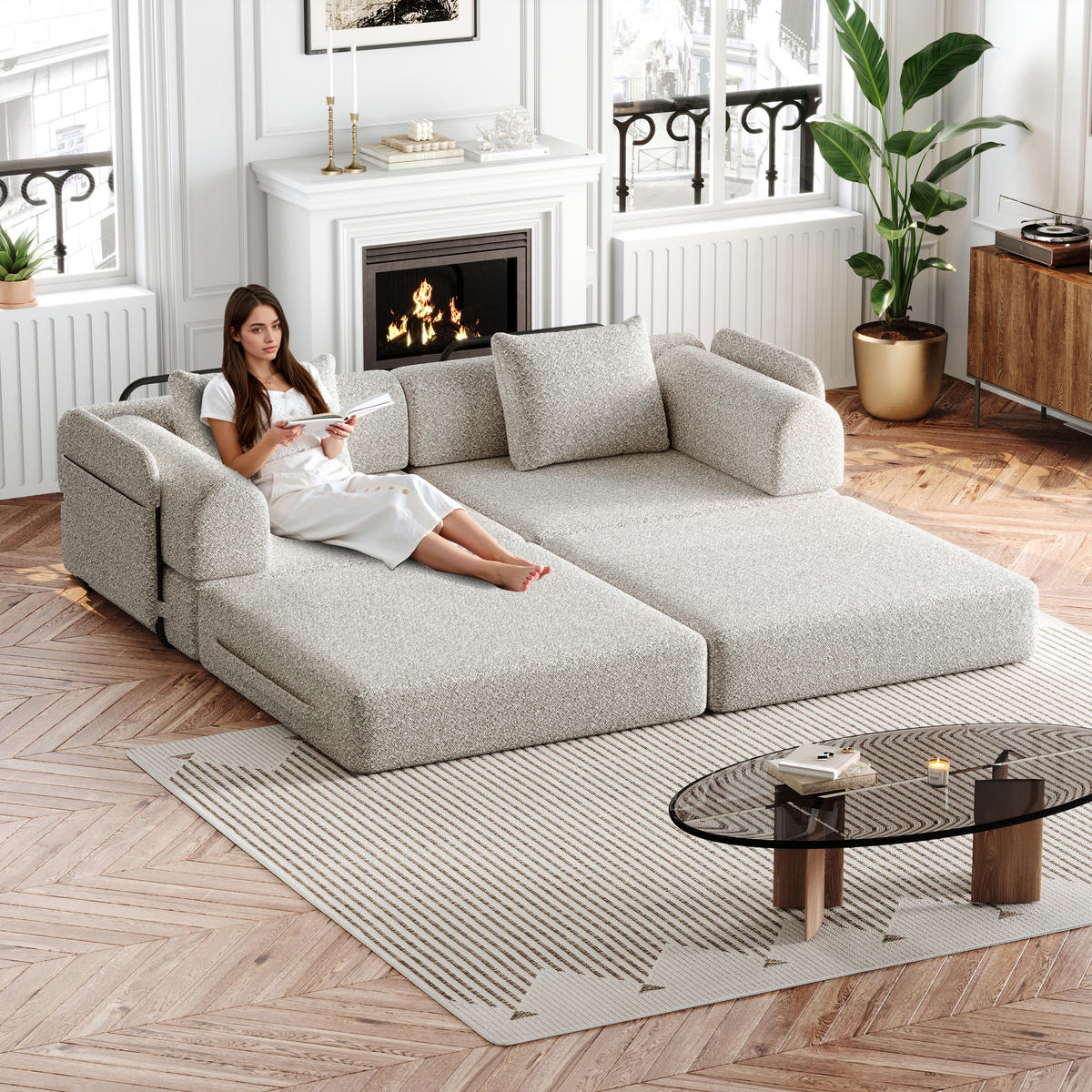 SCHLAFSOFA 2-in-1 mit Armlehnen-Ablagefach in Khaki Chenille 200/90/80 cm - Naturfarben, Textil (181.6/49.5/94cm) - OKWISH