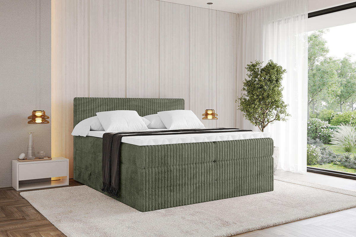 BOXSPRINGBETT mit Matratze H3|H4 und Lattenrost - TOLO KING 180x200 Cord - Olive - Olivgrün, Holzwerkstoff (180/200cm) - ALTDECOR
