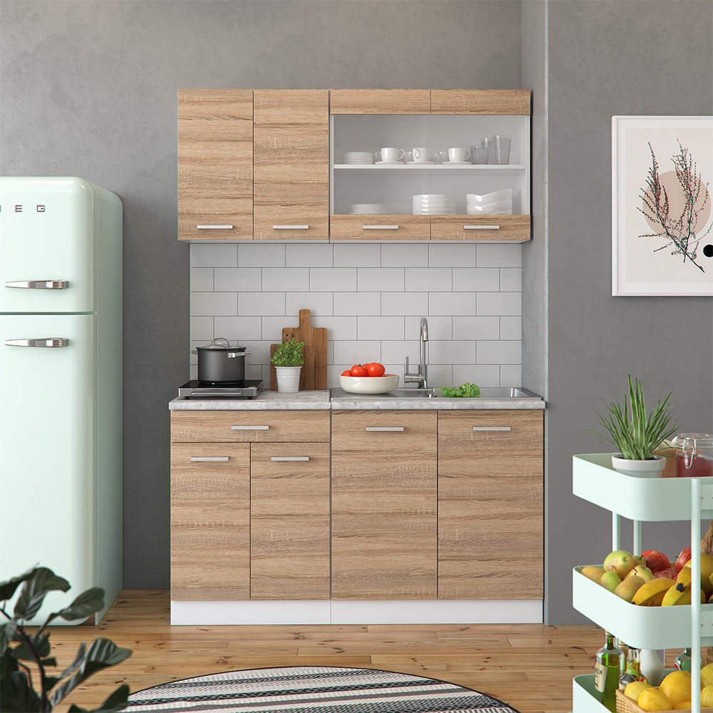 SINGLEKÜCHE R-Line Sonoma 140 cm, AP Marmor - Weiß/Sonoma Eiche, Holzwerkstoff (140/81.6/60cm) - Vicco