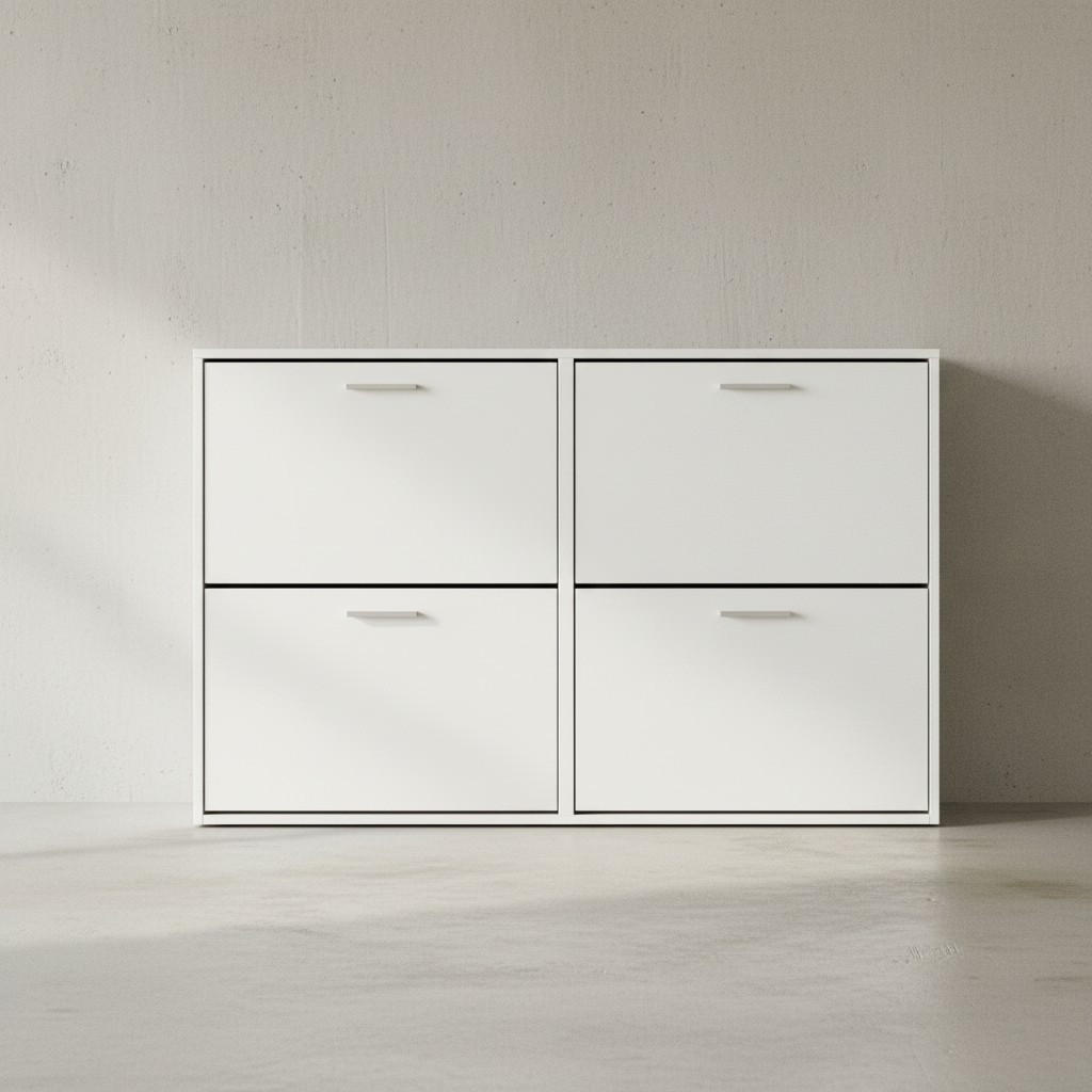 SCHUHSCHRANK Holz mit 4 Klappen und großer Ablage, Weiß 120x24x81 cm - Weiß, Holz/Metall (120/81/24cm) - KADIMA DESIGN